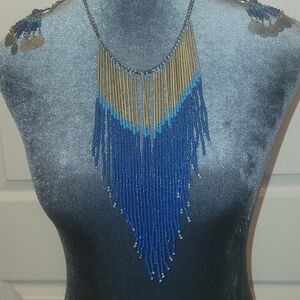 Elegant Ombre Gold Turquoise Blue Beaded Fringed  Necklace With Matching Earring